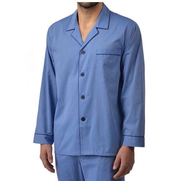 Herringbone Majestic International Cotton Long Sleeve Pajama Shirt in Blue - Picture 1 of 7